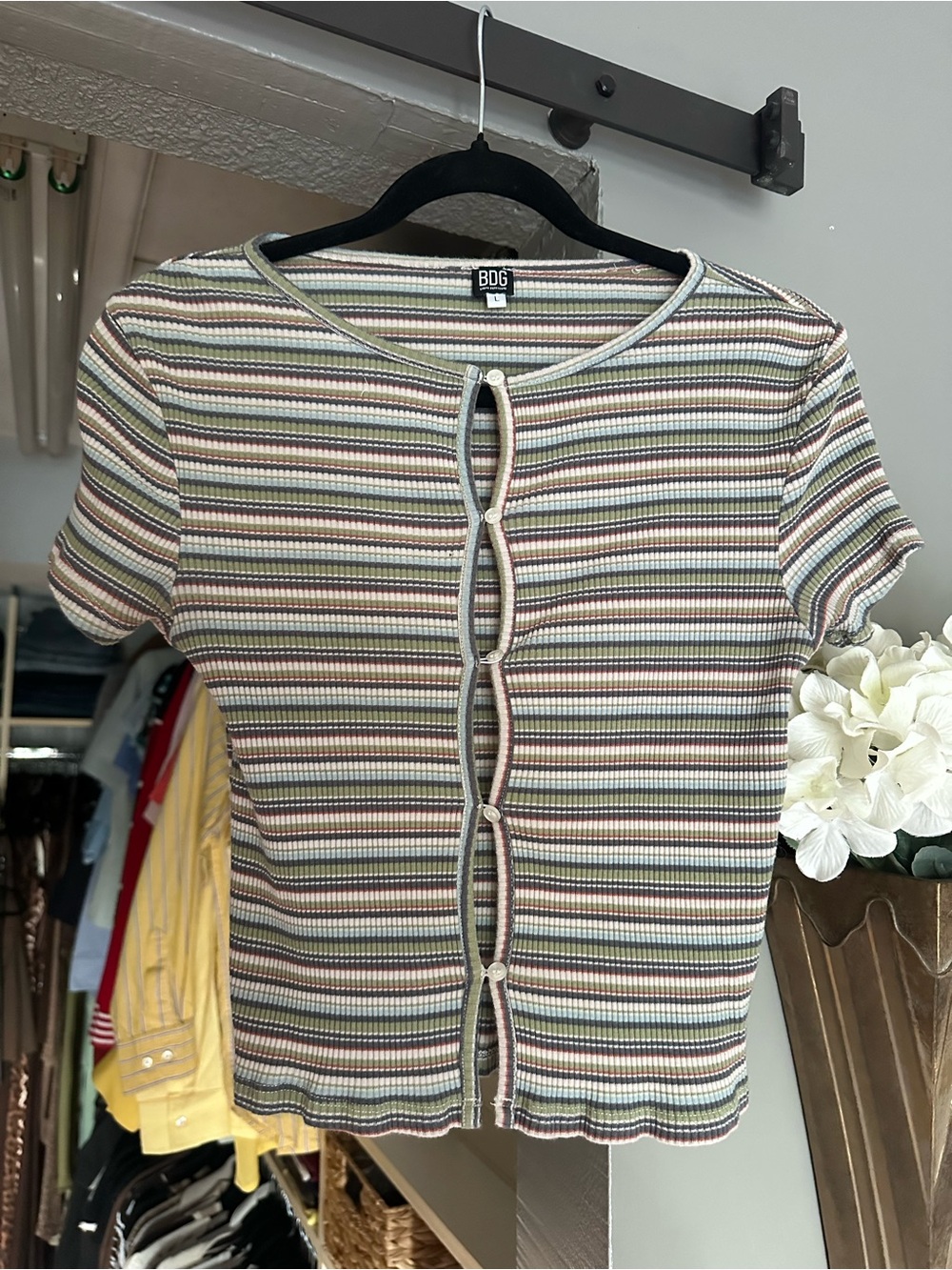 BDG Short-Sleeve Ribbed Button-Loop Top in Green, Cream & Pink Stripes